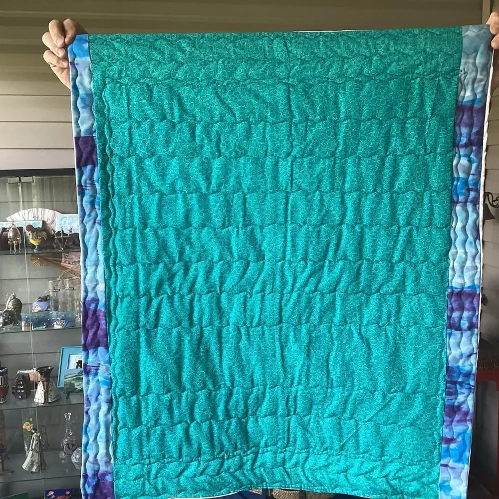 NWT. Hand Crafted Patchwork Quilt with Blues, Purples and Teals Accents